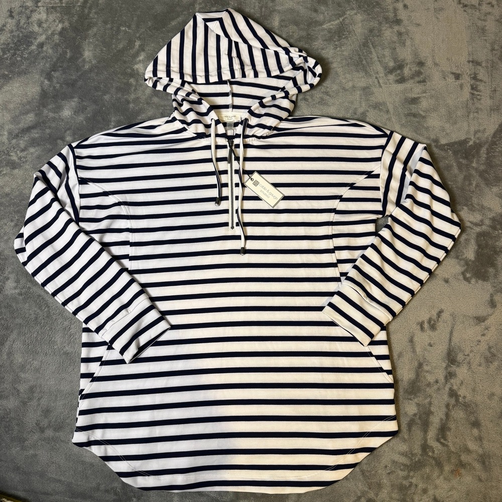 Cable & Gauge SZ Large Womens Pullover Striped Quarter Zip Hoodie Navy White NWT